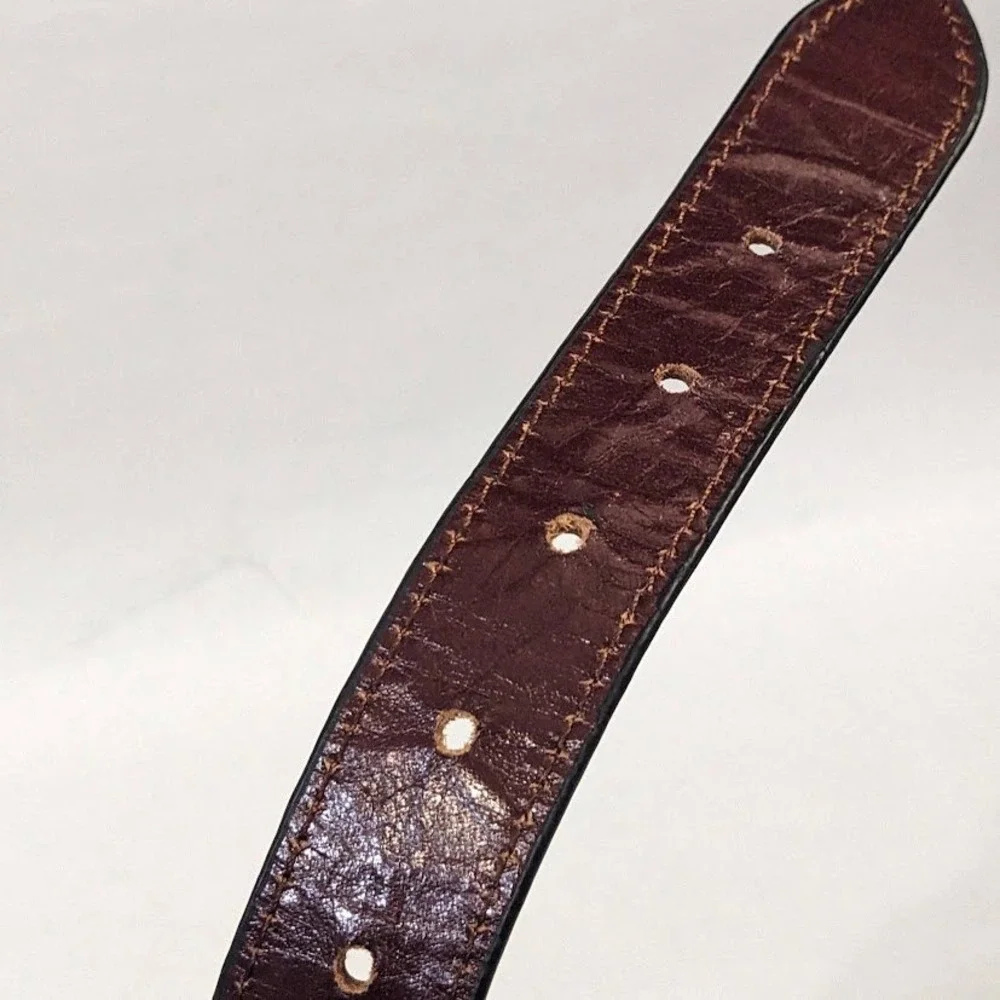 By Paige Mens Needlepoint Bow Tie Belt Blue Leather Brass Buckle Size 38 Preppy